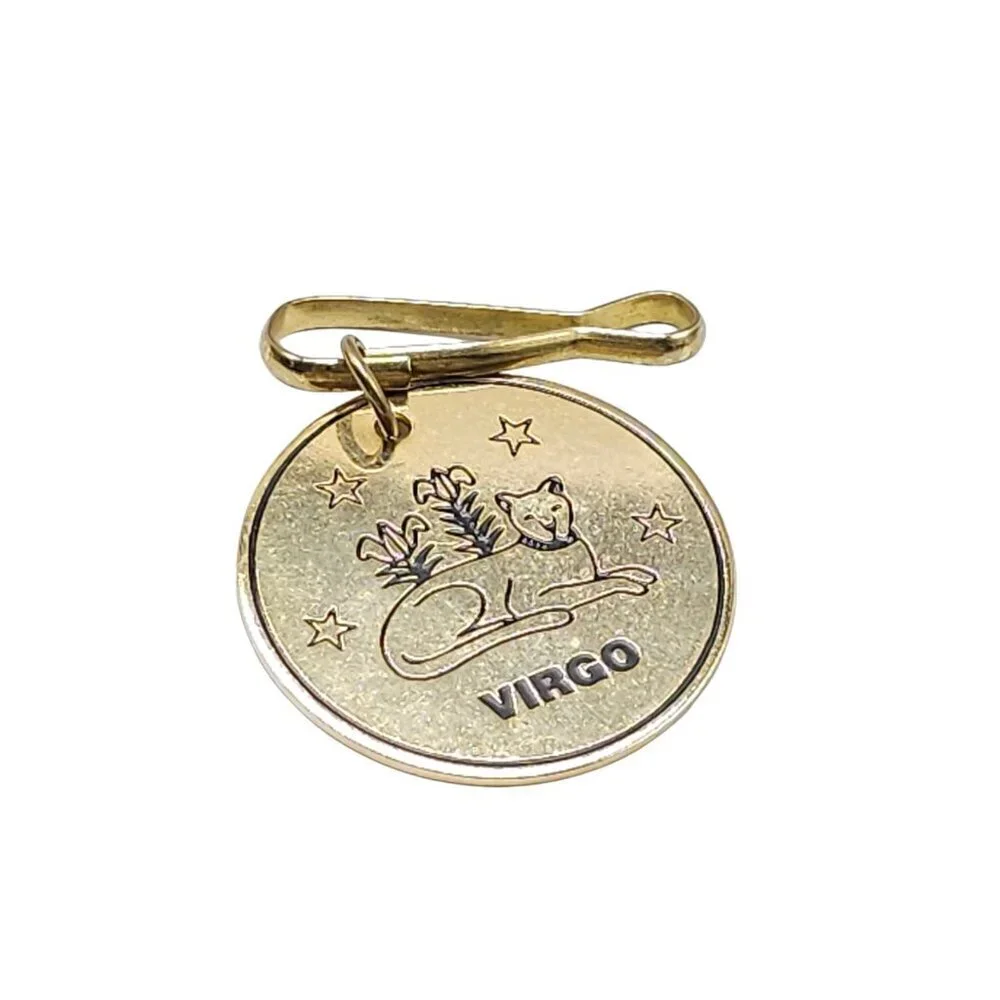 Virgo Engraved Sitting Leopard Stars Flowers Round Pendant Gold Tone Vintage